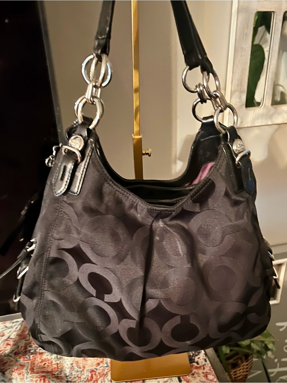 Coach Black Signature Jacquard Shoulder Bag with Silver Hardware